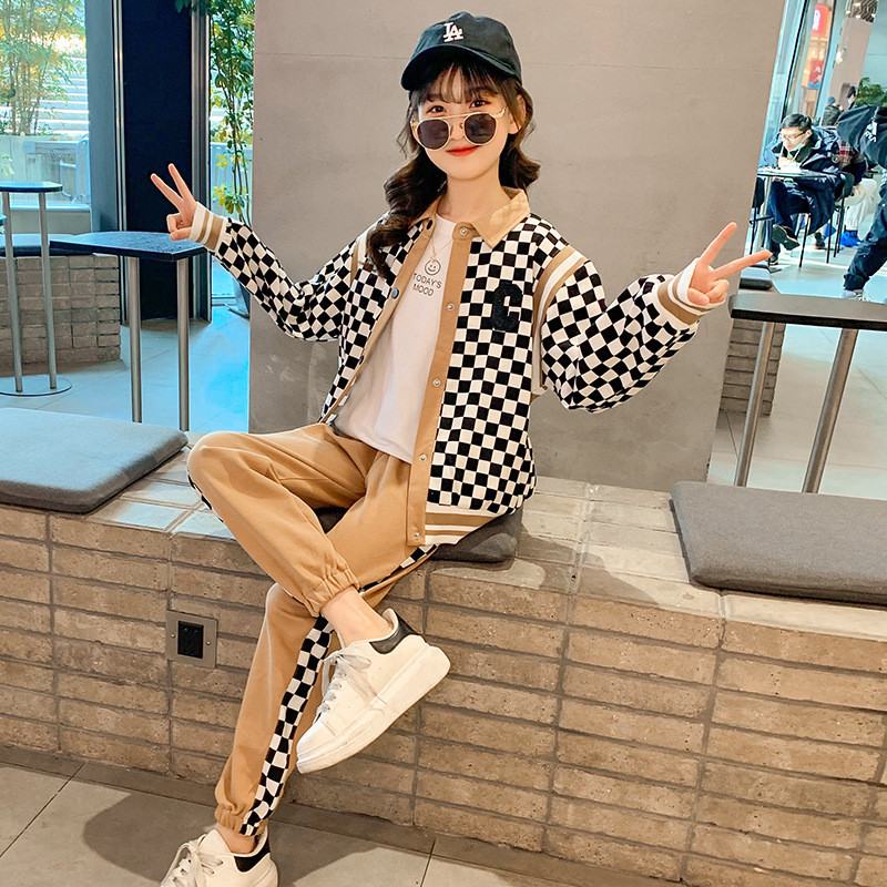 2023 New Set: Two Piece Set of Checkerboard Spring and Autumn Sports Elastic Loose Baseball Suit for Children, Girls,_voghion.com