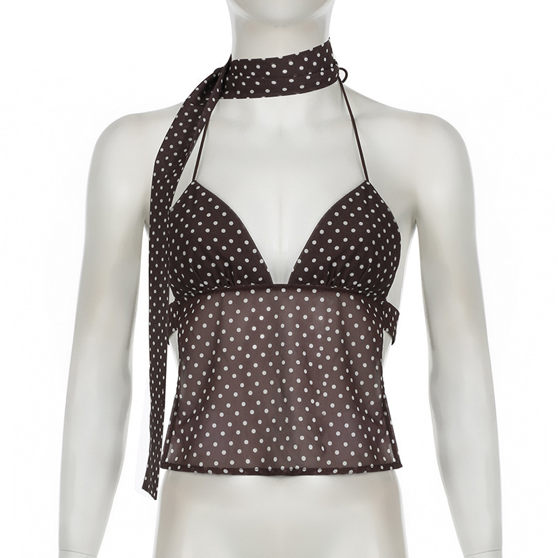 Sweet and Spicy Style Fashion Polo Dot Printing Sexy V-Neck Back Strap Scarf Sling Small Vest Spice Girl Slim Top