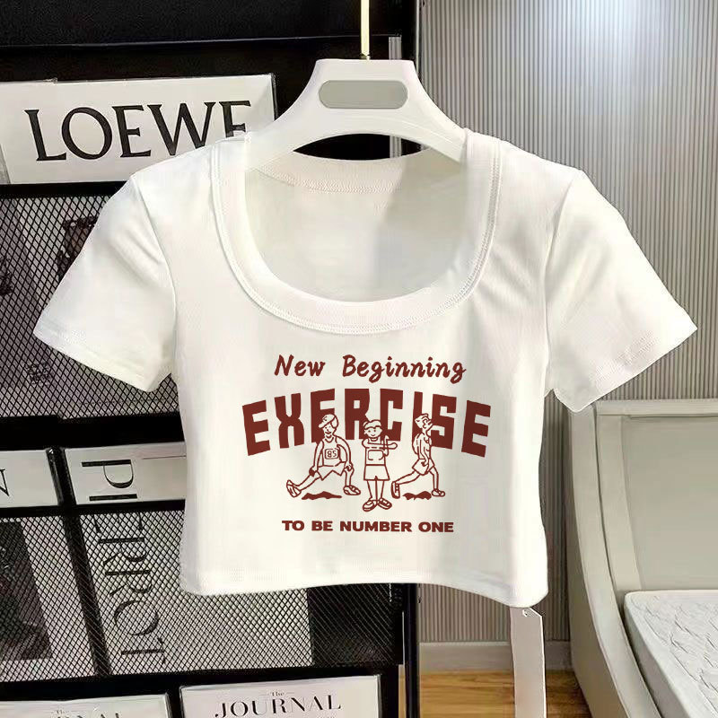 露脐短款上衣短袖修身T恤女百搭2025年新款美背低领露背U领