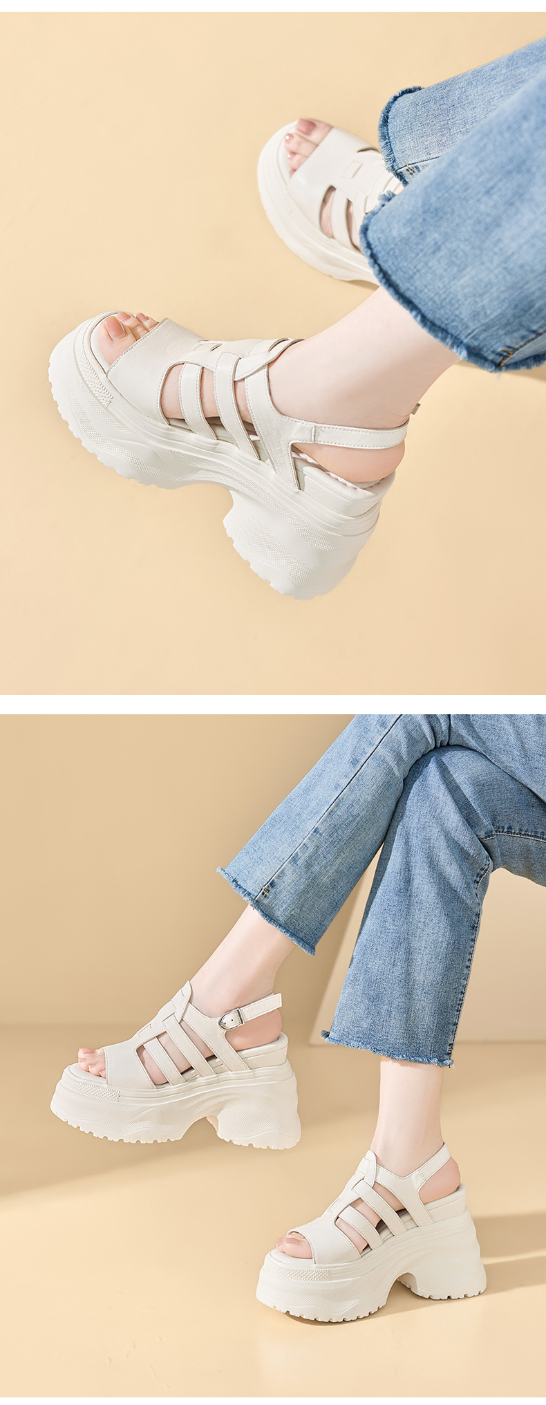 Sandal cao gót nữ da thật mũi hở gót platform 12cm — màu đen, màu trắng ngà chi tiết 7