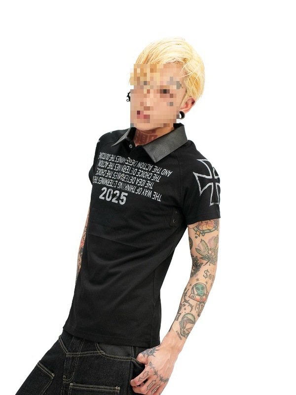 DETW 25ss*《20ERA》暗黑标语拼接PU皮POLO衫正肩修身短袖Tee|undefined