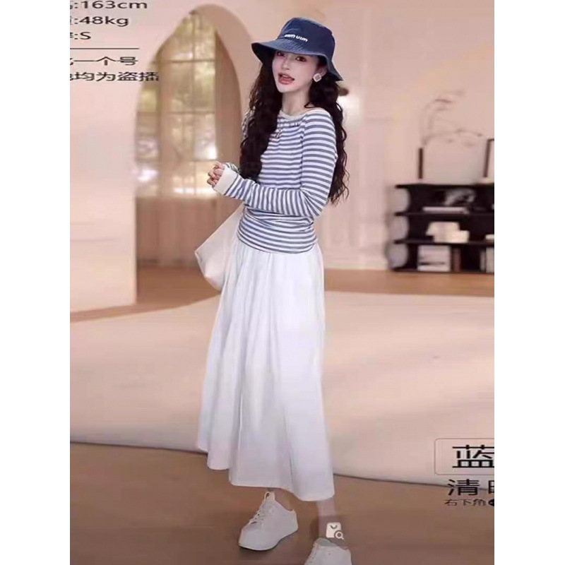 早春减龄小个子穿搭女2025年新款条纹上衣搭配休闲半身裙两件套装|undefined