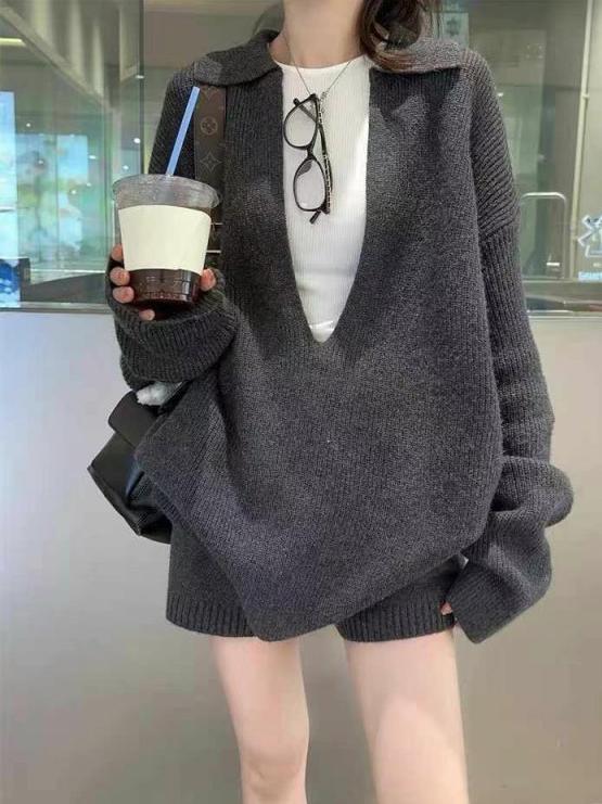 慵懒松弛v领女式毛衣套装2025秋冬新款宽松显瘦针织衫短裤两件套|undefined