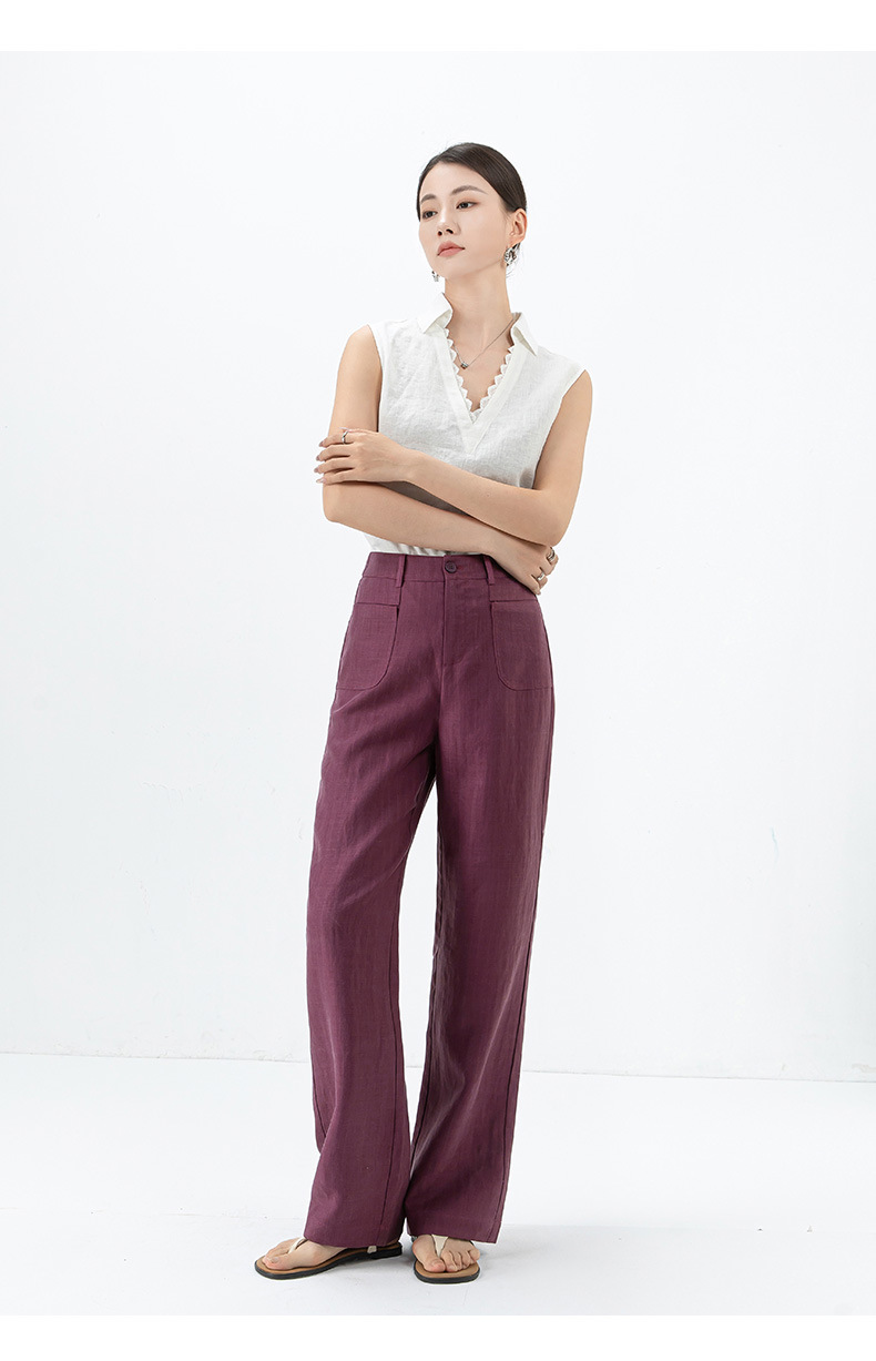 Quần ống rộng Tencel cạp cao dáng suông vải lanh mùa hè — Màu tím-Thông thường (25327) chi tiết 32