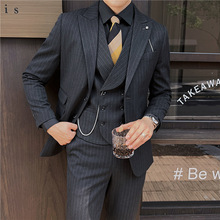 礼服男士英伦修身双扣条纹西装三件套 修身双口袋新郎伴郎西服套