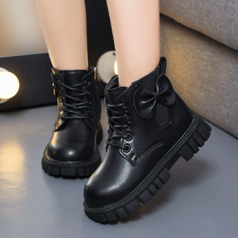 Girls' Boots 2025 Autumn and Winter New Style Kidsren's Boots Princess Short Boots Medium and Large Kidsren's Leather Boots Korean Style Black Single Boots