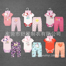 2025新款跨境工厂欧美卡通动物字母印花婴幼童三件套短哈长裤袜子
