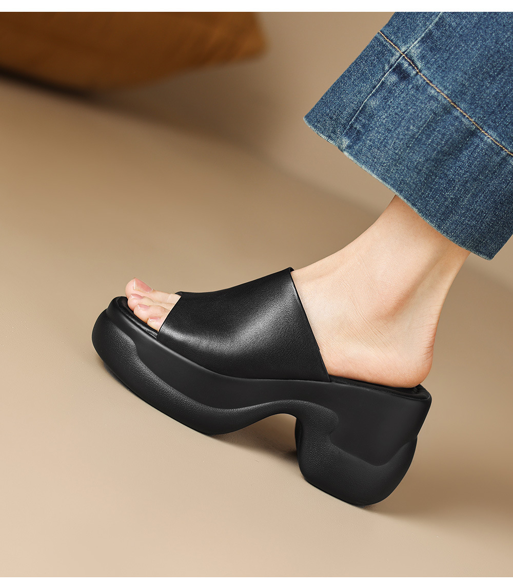 Sandal cao gót nữ đế dày 8,5 cm quai ngang da bò — Da bò trắng gạo chi tiết 18