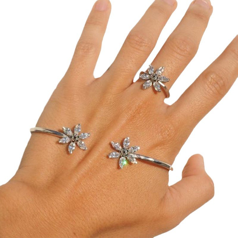 Brazalete floral de zircón personalizado anillo de dos piezas ajustable brazalete de apertura no se desvanece accesorios brazalete de mujer