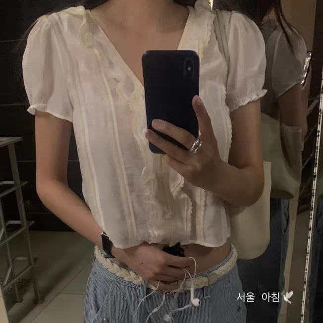 Mona Xh Korean-Style Ruffled Lace Patchwork Short-Sleeve Shirt Top Dongdaemun Summer New Shorts Set