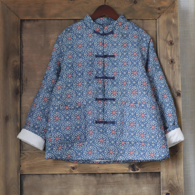 Digital Printing Chinese Button Top Thick Pure Ramie Cotton Coat M1009