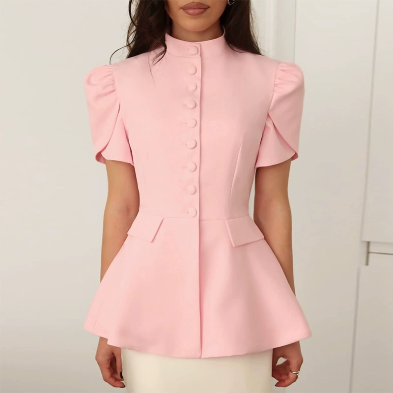 Европейская и американская трансграничная женская одежда, лето 2025, новая мода, воротник-стойка на пуговицах, однотонный тонкий талийный топ с короткими рукавами