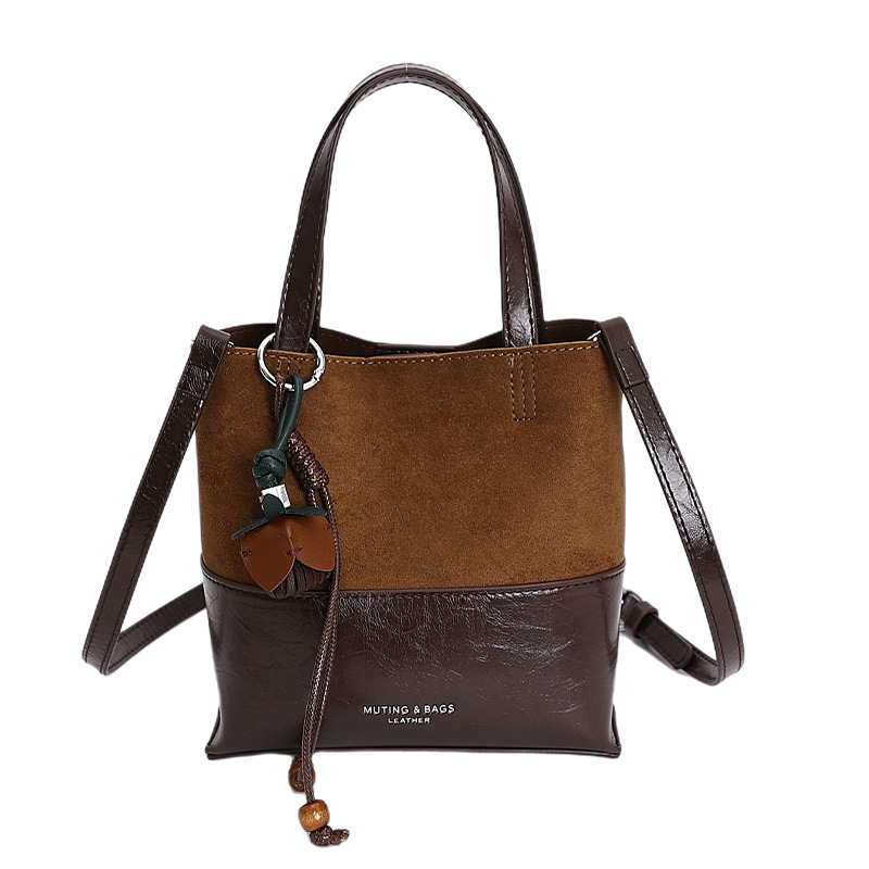 Autumn/Winter Spliced Bucket Bag 2025 New Retro Niche Suede Shoulder Bag Korean Style Fashion Crossbody Bag For Women - Thumbnail 5