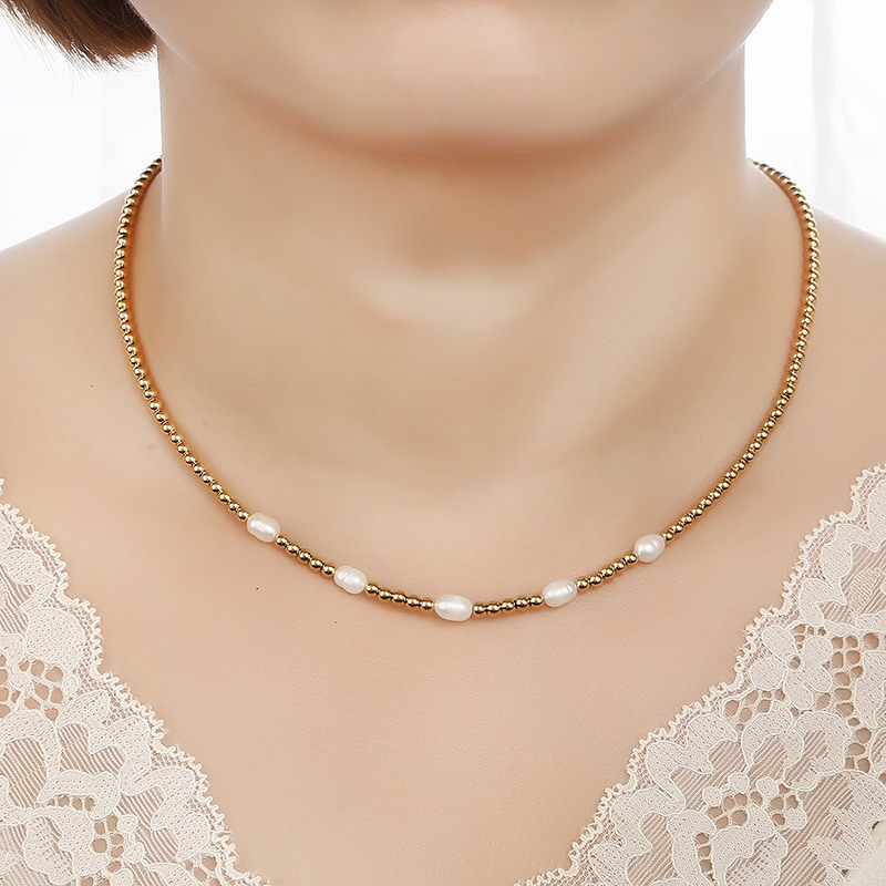 Daily Occasion Stainless Steel, Freshwater Pearl Material Elegant Round Stainless Steel Freshwater Pearl Plating Gold Plated Necklace