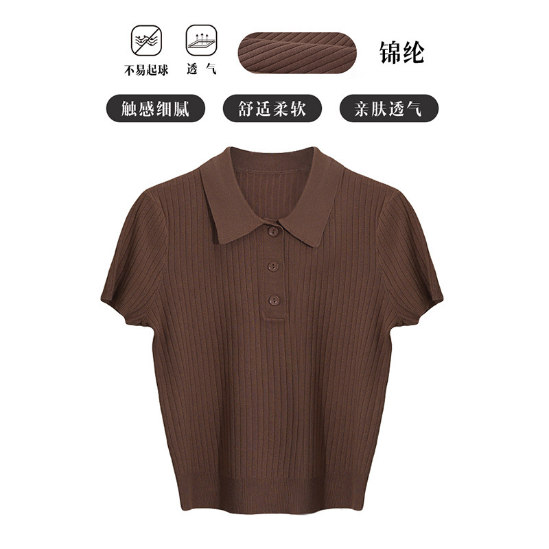 Ya Qi Women's 2025 Summer Polo Lapel Short Sleeve Knitted Shirt College Style Short Slim Look Top Small