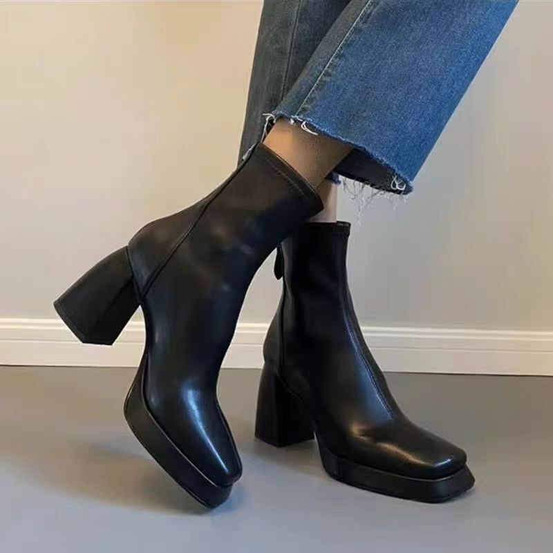 Chelsea Short Boots Women's Boots 2024 Autumn and Winter High Heels White Boots Thick Heel Square Toe High Heel Women's Boots Thin Boots Chelsea Short Boots Women's Boots 2024 Autumn and Winter High Heels White Boots Thick Heel Square Toe High Heel Women's Boots Thin Boots