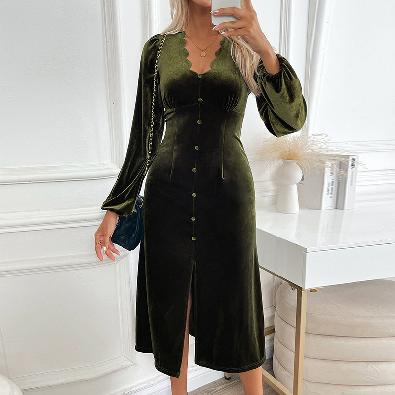 European and American Cross-Border 2025 Autumn New Vintage Party Elegant Mid-Length V-Neck Dress Solid Color Velvet Dress