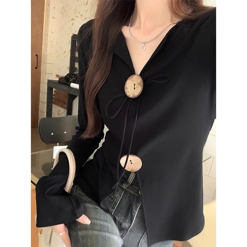 Spice Girls Black V-Neck Button Split Design Long-Sleeved T-Shirt Women's Autumn Pure Lace-Up Irregular Beautiful Top