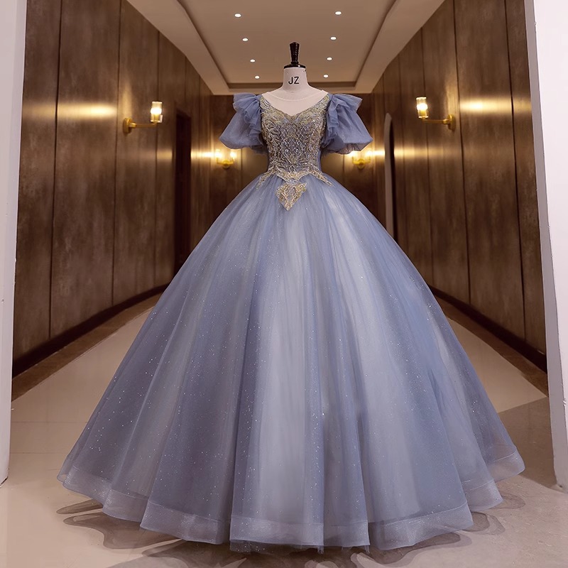 Nuevo azul vestido de noche puff manga estudiante música vocal arte examen rendimiento traje vocal solo pettiskirt Reunión Anual etapa
