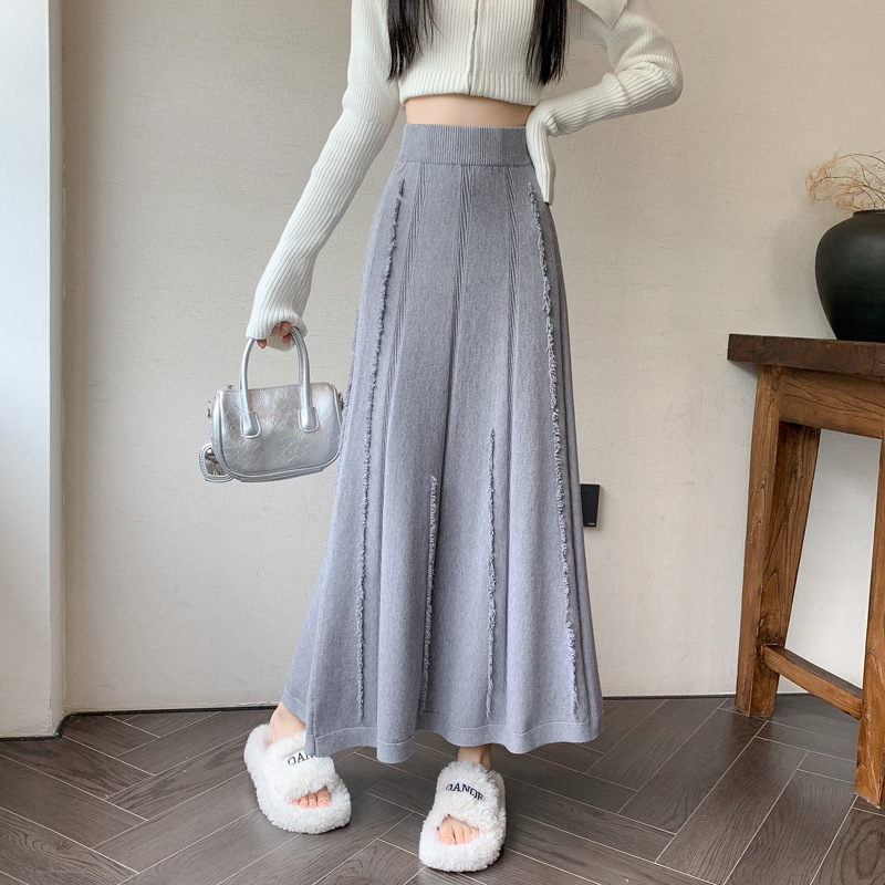 针织半身裙女2025秋冬流苏a字裙高腰显瘦垂坠感大摆中长款伞裙子|undefined