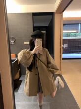 卡其色灯笼袖风衣外套女2025春秋新款宽松小个子休闲中长款上衣女