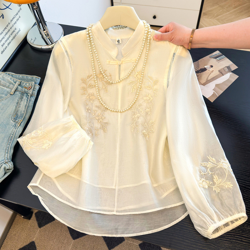 Quality Guaranteed Fake Two-Piece Silk Age-Defying Mom's Spring/Summer New Chinese Style Slimming Stand Collar Plus Size Shirt