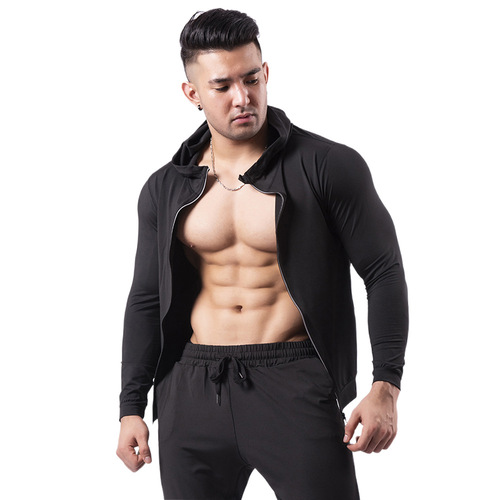 Black hooded sports jacket for men with velvet to keep warm in winter high-elasticity and quick-drying basketball training running fitness clothing