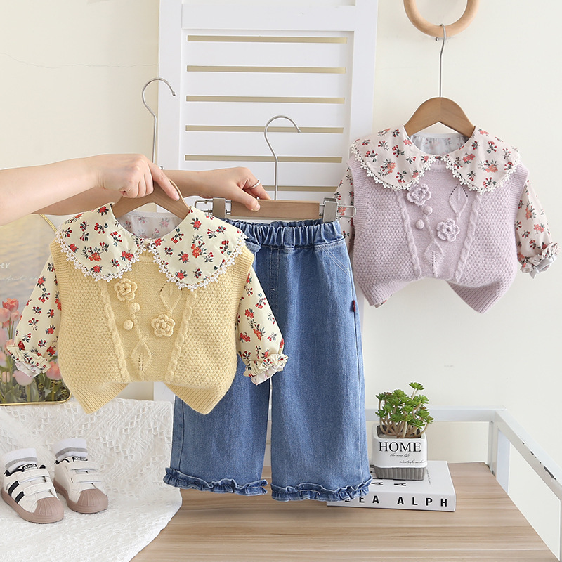 2025 New Autum Girls' Clothes Infant Floral Sweater Vest Shirt Lapel Spring and Autum Three-Piece Set