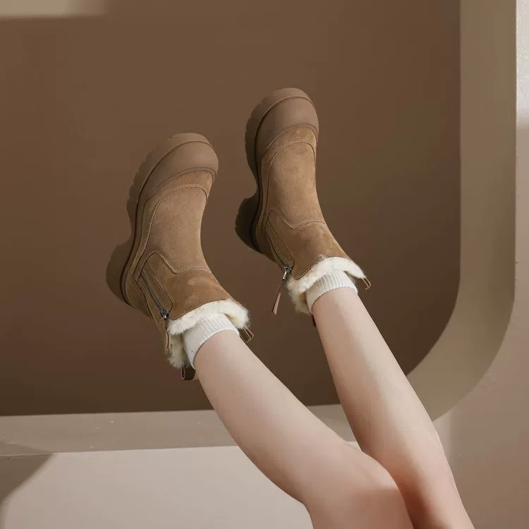 4.5cm плюшевые толстые короткие сапоги женские толстые подошвы из овечьей меха в один снежные сапоги теплые хлопчатобумажные туфли противоскользящие Мартин сапоги бархат ~