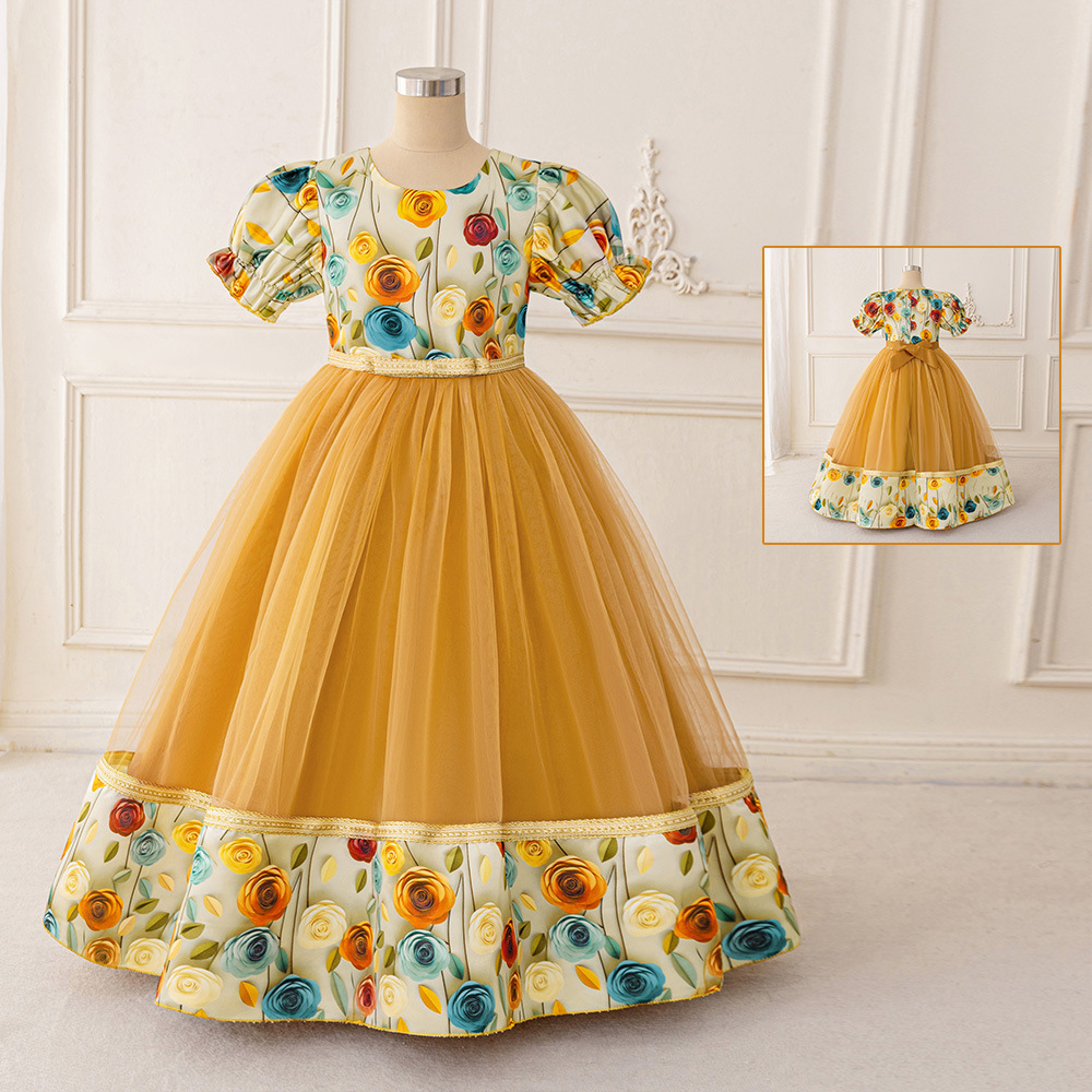 2026 nuevo vestido de princesa para niñas vestido de manga de burbuja vestido de tela impresa vestido de 8 - 12 años vestido de cumpleaños de princesa