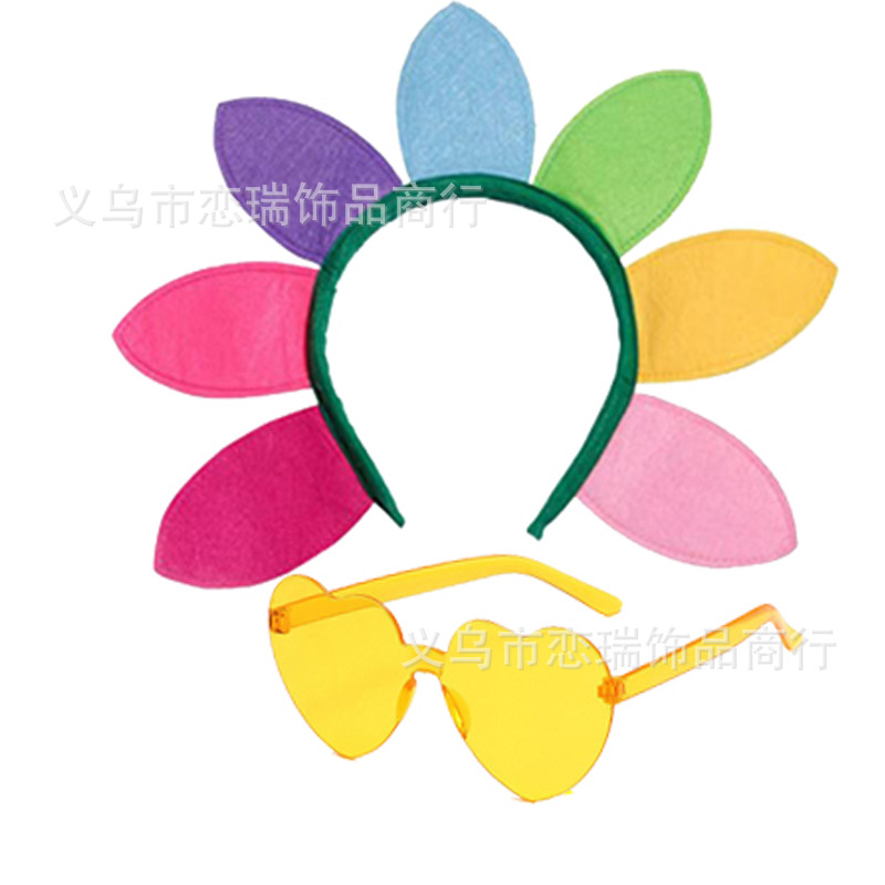 Fiesta de baile Diadema de girasol Color del arco iris Gafas de amor Malla Imagen Falda Pantimedias Combinación Set Spot