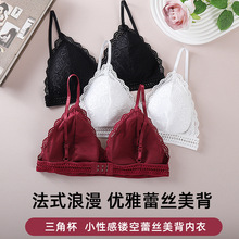 新款跨境女士性感法式三角杯无钢圈文胸吊带深v蕾丝内衣女薄款bra