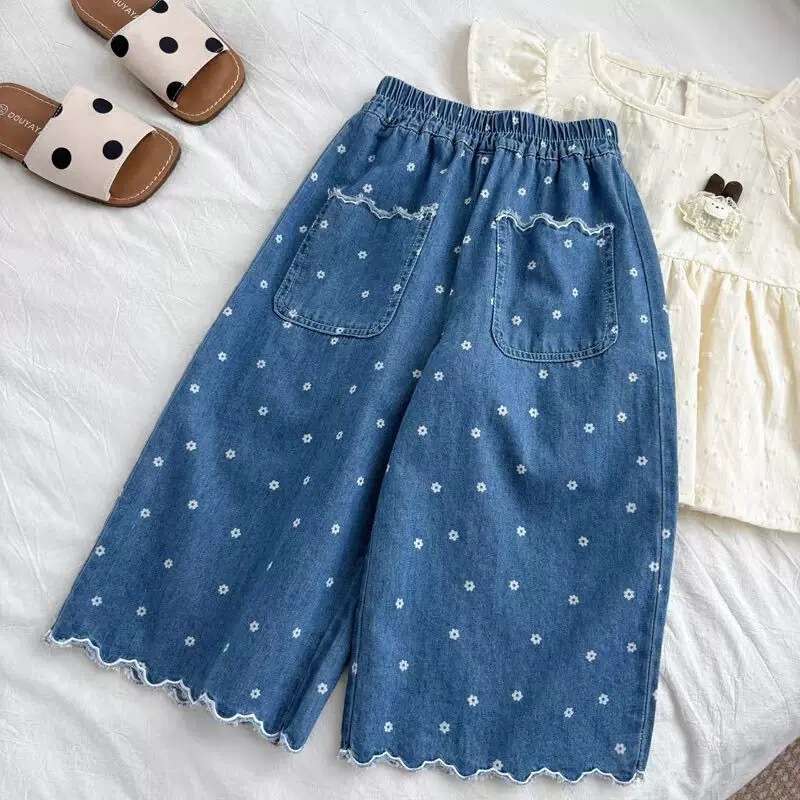 Girls' Lace Thin Cropped Jeans 2025 Summer New Baby Girl Ice Silk Thin Floral Wide-Leg Pants