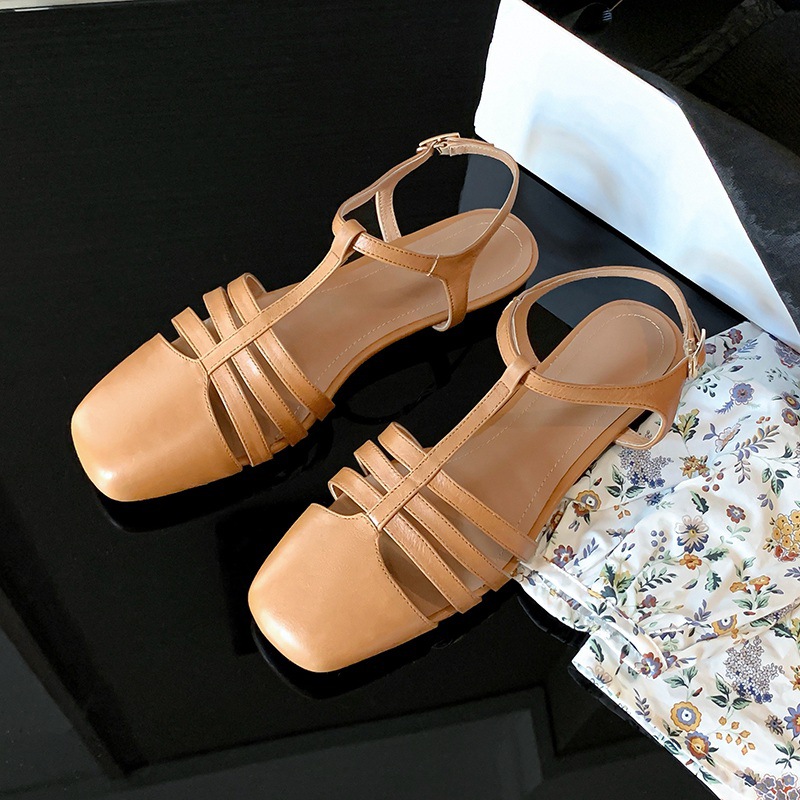Sandal nữ đế bằng da bò lớp đầu quai chữ T dệt cổ điển — Màu nâu chi tiết 17
