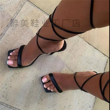 2021夏季新款欧美大码外穿套趾脚环绑带方头女式细高跟凉鞋heels