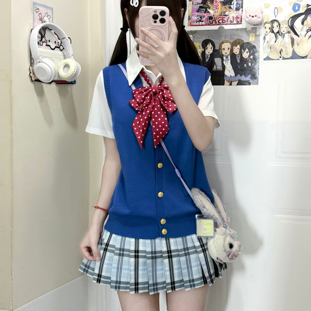 日系甜美可爱风百搭款jk制服上衣夏季穿搭学院风宝蓝开衫马甲叠穿