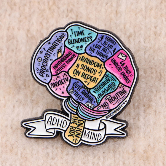 ADHD Brooch Cartoon Metal Badge Creative English Letter Jewelry Medal Clothing Brooch English Accessories