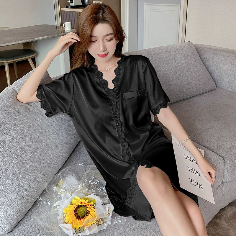 2024 nuevo pijama de seda de hielo mujeres de verano cardigan de manga corta pijama largo medio delgado sexy ropa de hogar suelta