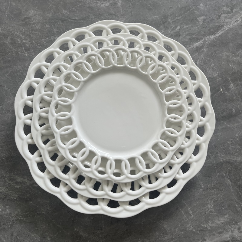 New Embossed Ceramic Cut Out Plate Display Plate Fruit Cake Snack Plate Western Tableware Factory Direct Sales Home Restaurant