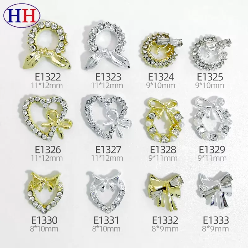 lz新款合金美甲饰品混批满钻爱心形丝巾蝴蝶结爆闪美甲钻饰品批发