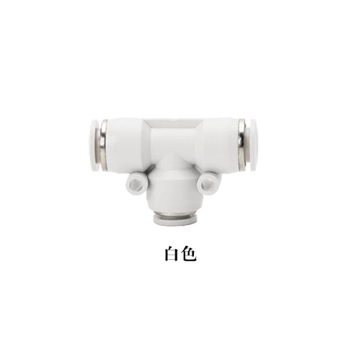 Pneumatic component PE8/PE12 quick-connect air fitting, PET-type straight three-way connector—available in sizes PE4, PE6, PE10, and PE16.