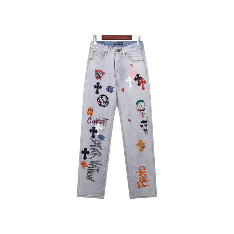 Chrome Hearts025Ss Chrome Colorful Cross Leather Clown Graffiti Printed Denim Pants for Men and Women