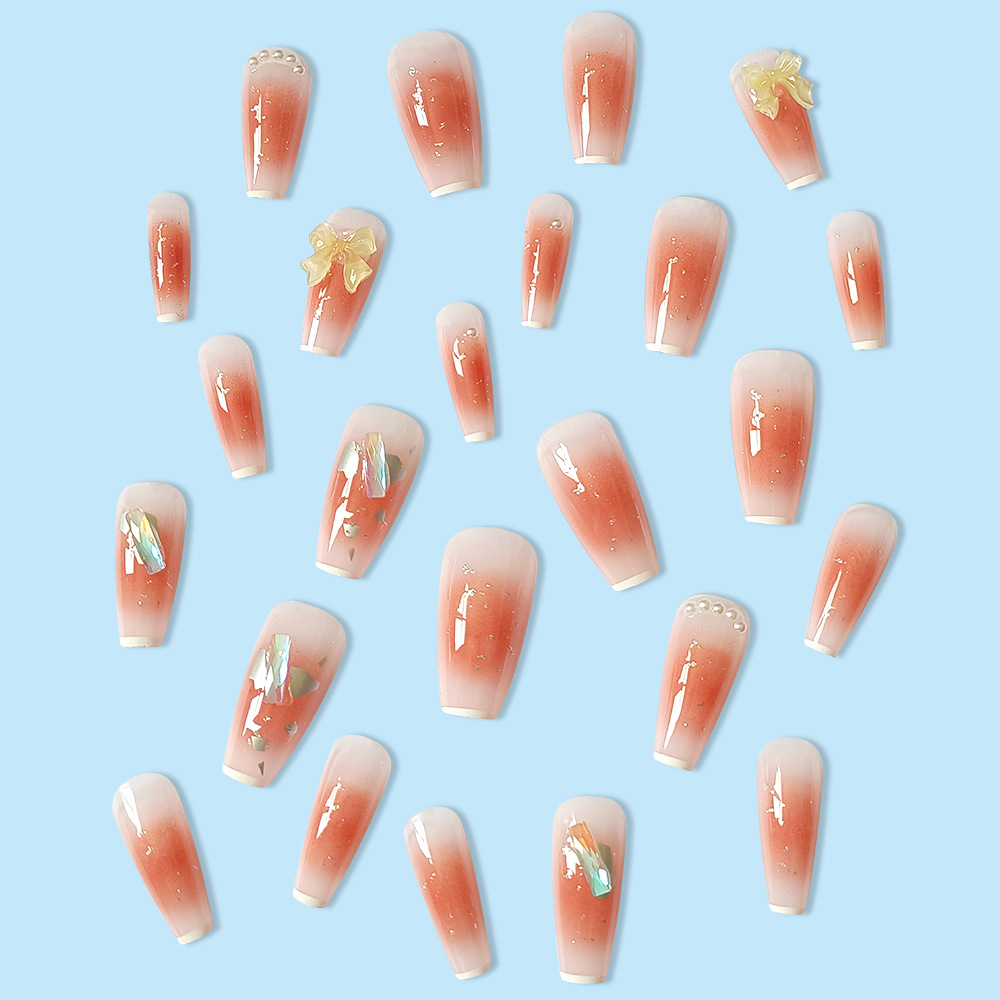 Armadura de vestir de moda degradada al por mayor de diamantes rotos lazo de perlas uñas de uñas 24 piezas uñas simples con incrustaciones de diamantes