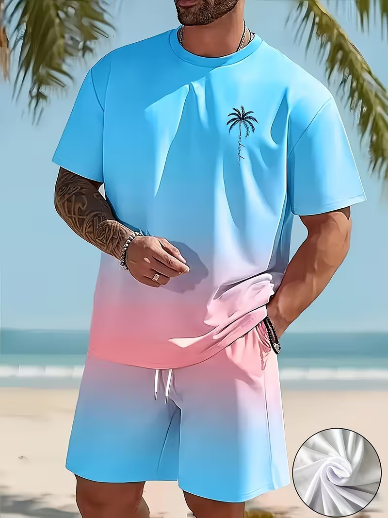 Fuente de fábrica de impresión de verano camiseta pantalones cortos gradiente transfronterizos casuales set de manga corta Europa