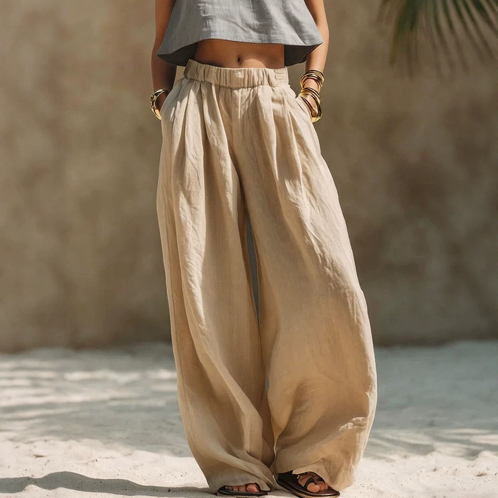 Women's Linen-Like Wide-Leg Pants With Elastic Waist - Comfortable Casual Pull-On Trousers For Summer_ecoleips.com
