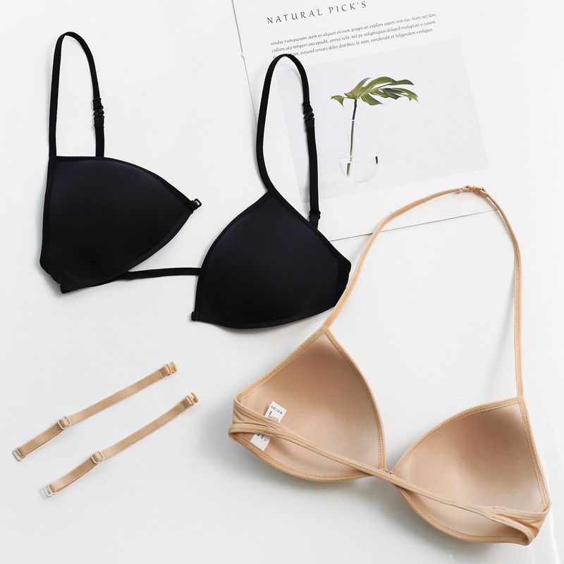 French triangle cup underwear women's back halter thin shoulder strap front buckle bra thin seamless small chest bra summer