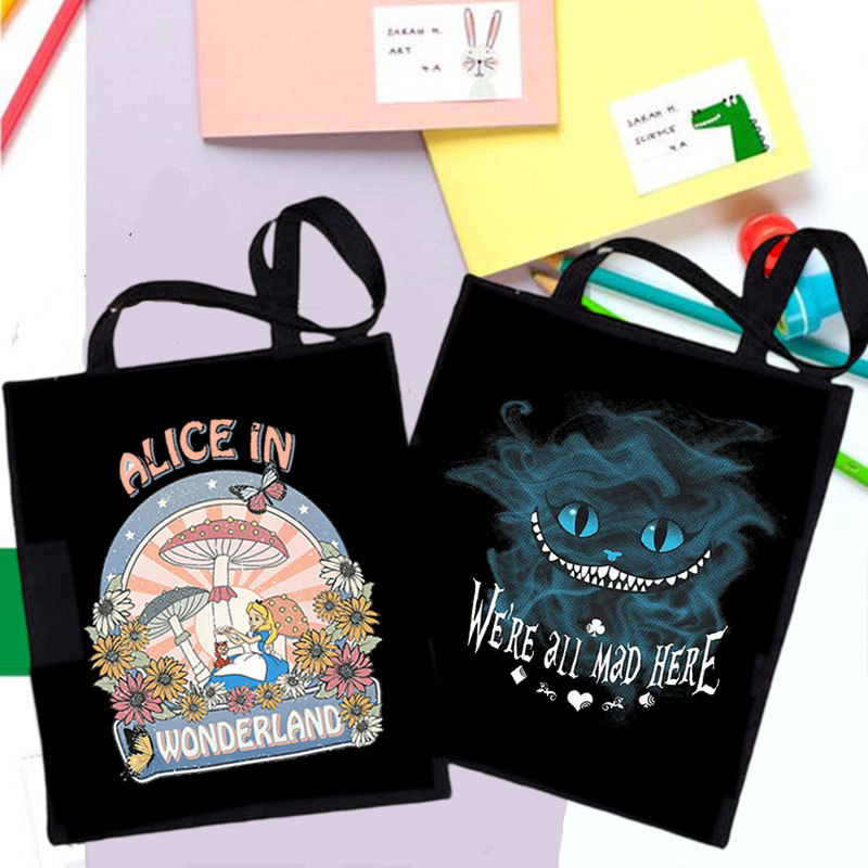 Alice In Wonderland印花帆布包原宿单肩包学生时尚手提袋购物袋