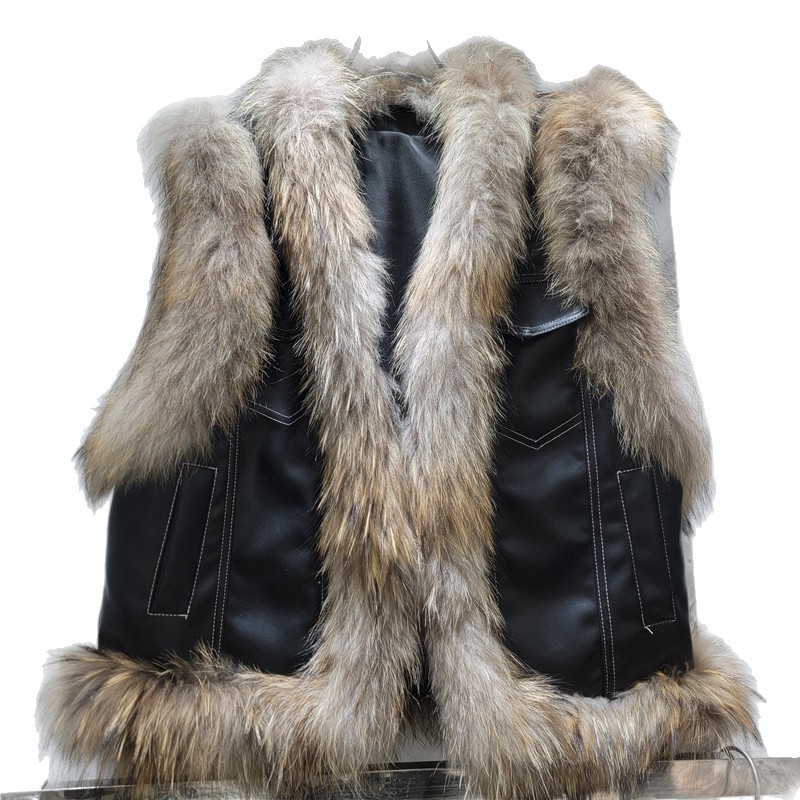 2025 invierno nuevo temperamento de moda versátil delgado chaleco de cuero PU empalmado de lana de bordes de manga clips
