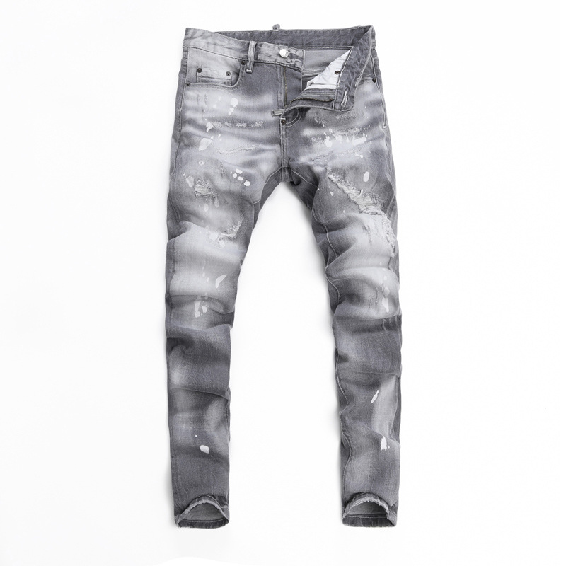 European and American Street Fashion Men's Jeans Retro Distressed Gray Washed Paint Ripped Trendy Brand Slim Jeans