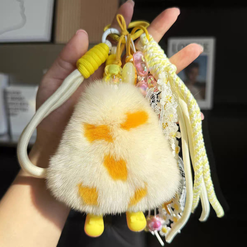 Real Rex Rabbit Fur Cheese Keychain Pendant Cute Plush Woven Rope Wrist Strap Soft Adorable Backpack Decoration Gift